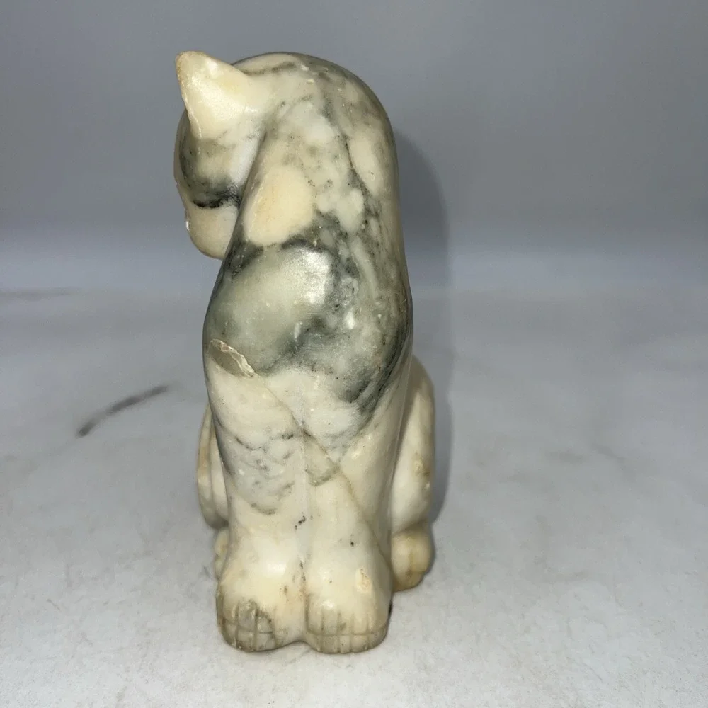 Vintage Marble Sitting Cat Kitten Figurine Sculpture Whimsical Gray and White